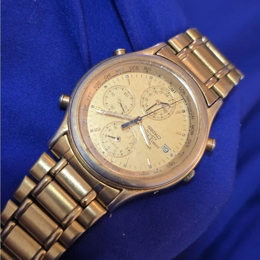 Seiko World Time Gold Tone Mens Watch For Parts Or Repair 7T52-6A29